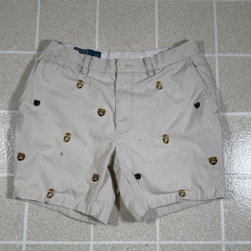 VTG Polo Ralph Lauren Shield Crest Embroidered Sand Chino Short Men's Size 29